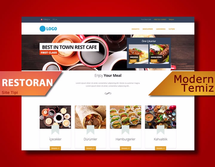 Rest, Restoran Cafe Pastane Sitesi: Modern anlaşılır temiz tarz. Restoran ve cafe gibi firmalara yönelik web sitesidir. Menü, ürün tanımları, kategoriler ile ilgili tanım ve ayarlar mevcuttur. Tüm sitelerde olduğu gibi değişken slayt, menü, sayfa, resim yapısına sahiptir. Blog mevcuttur. Dil seçeneği vardır. Tüm sitelerde CSS sitil desteği vardır.